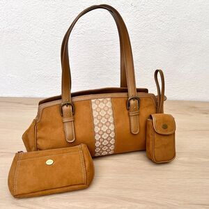 Vintage Y2K Nine West 3-Piece Monogram Brown Faux Suede Top Handle Baguette Bag